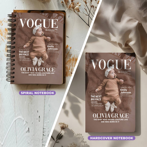 Personalized Baby Vogue Magazine Cover Notebook – Custom Name & Photo, Stylish Mom Gift